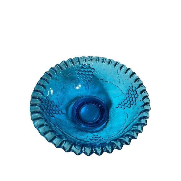 Vintage Depression blue glass fruit/candy bowl. Ruffle Edging. Grapes/leaves.10" - Picture 5 of 9